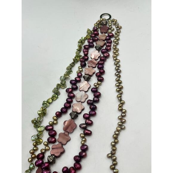5-Strand MultiColor Purple Green Pink Freshwater Pearl Flower Bead Necklace - Picture 5 of 12